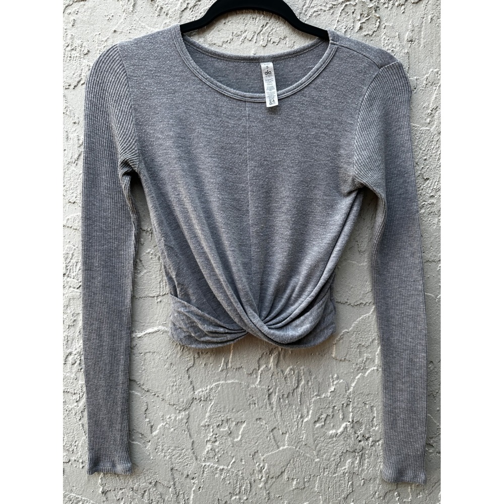 Alo Yoga Grey Twist Front Cropped Long Sleeve Ribbed Top Small Modal Athleisure
